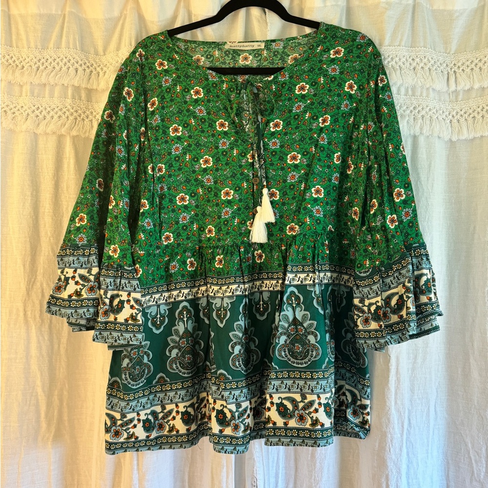 Rusttydustty 1XL Emerald Green Boho Blouse with bell sleeves